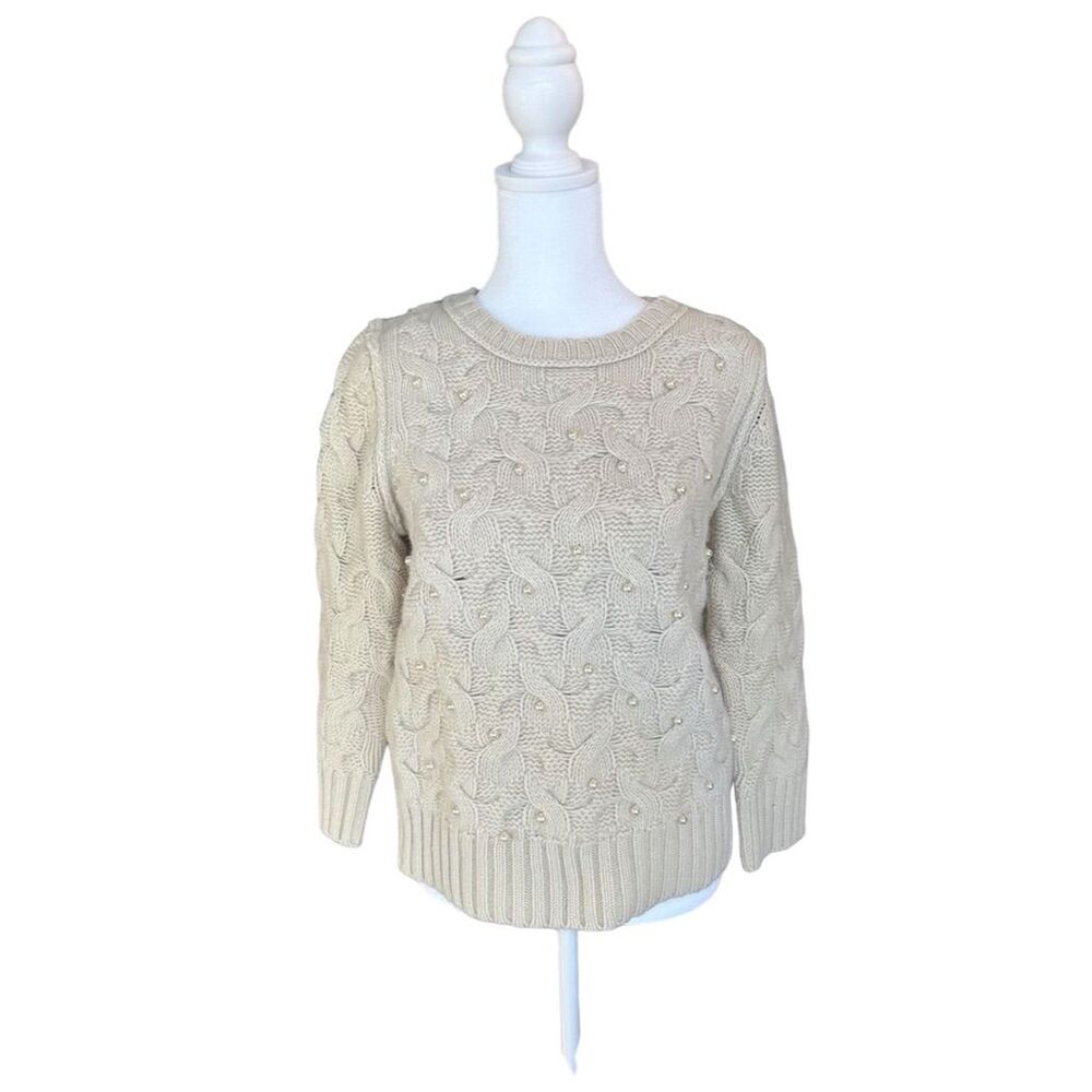 Ann Taylor Women's M White Wool Sweater Pearl Accents Cable Knit 3/4 Sleeve